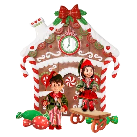Whimsical Christmas Gingerbread House Clipart with Festive Elves and Candy Decorations