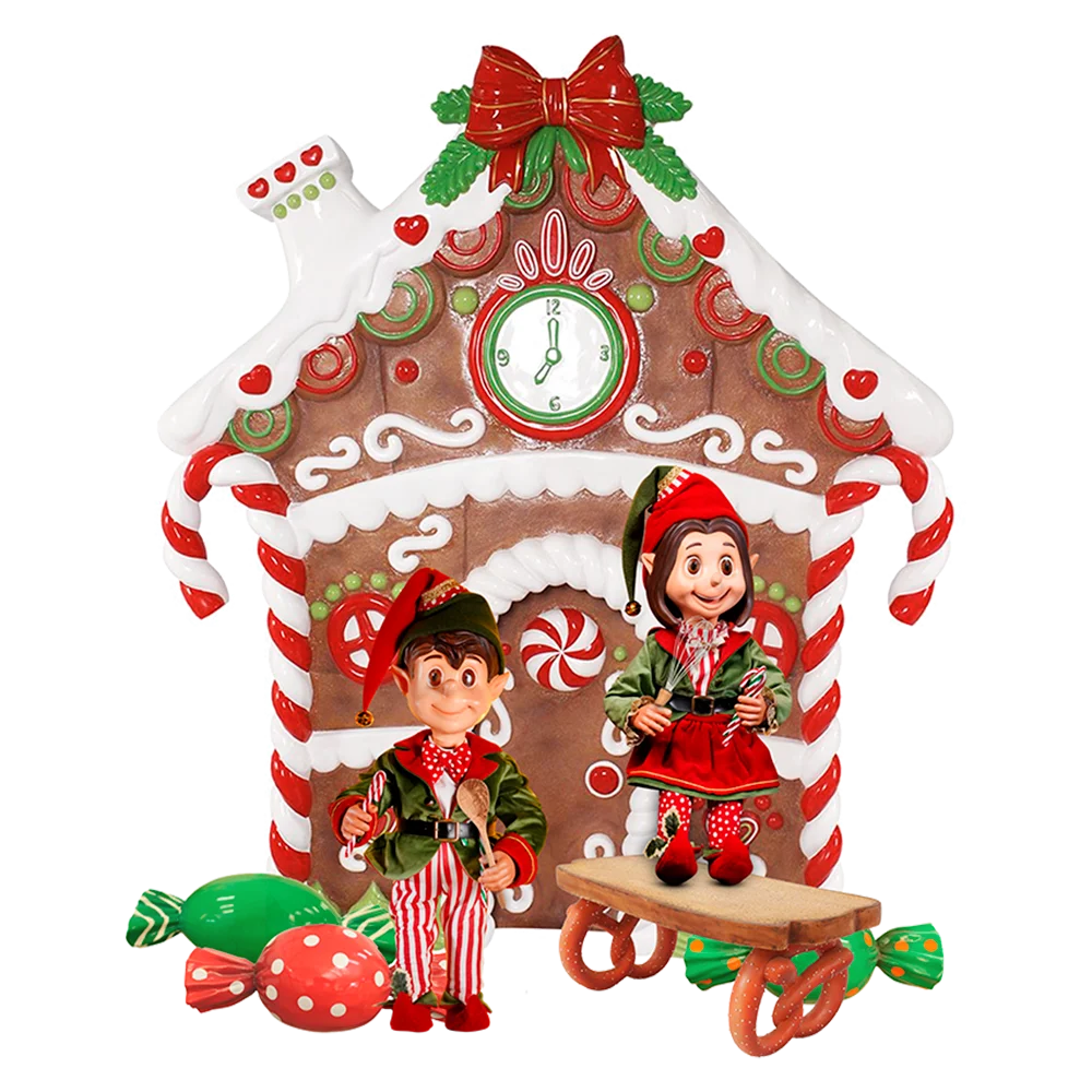 Whimsical Christmas Gingerbread House Clipart with Festive Elves and Candy Decorations