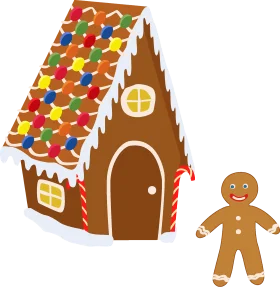 Whimsical Festive Gingerbread House with Cheerful Cookie Character Clipart Design