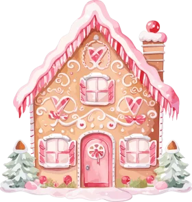 Whimsical Pink Pastel Gingerbread House Winter Wonderland Clipart Design