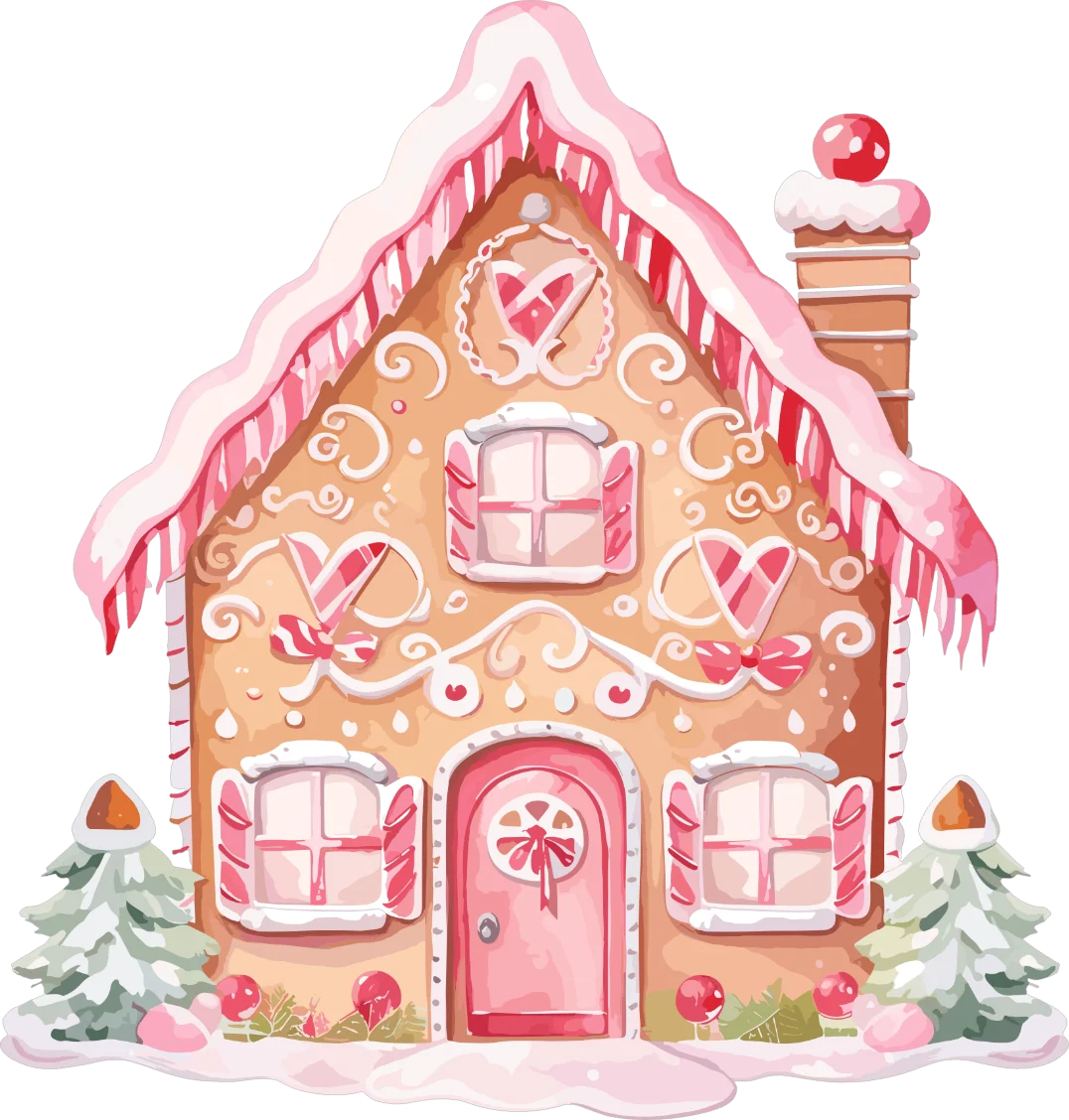 Whimsical Pink Pastel Gingerbread House Winter Wonderland Clipart Design
