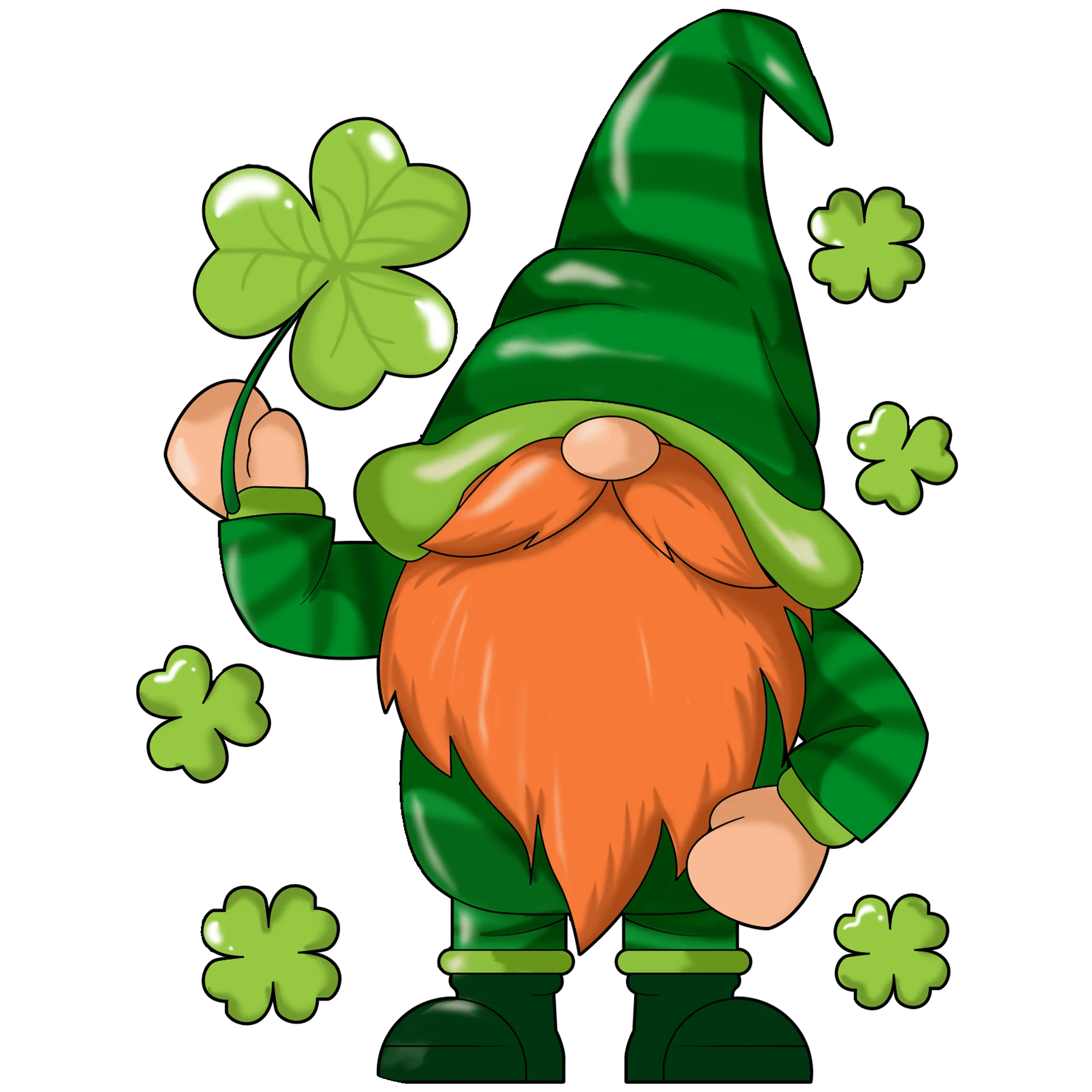 Whimsical St. Patrick's Day Lucky Gnome Clipart with Four-Leaf Clovers