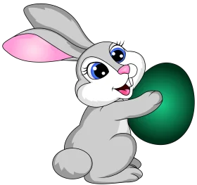 Adorable Easter Bunny Clipart: Cheerful Gray Rabbit Holding Green Egg