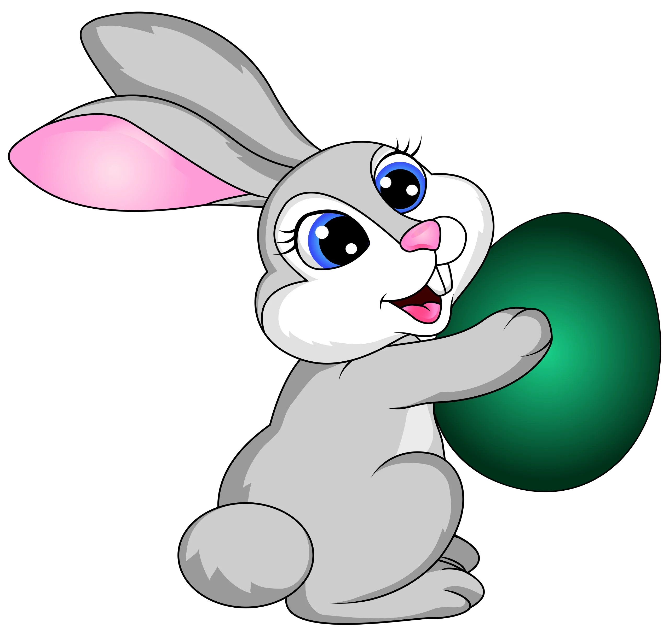 Adorable Easter Bunny Clipart: Cheerful Gray Rabbit Holding Green Egg