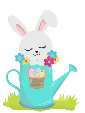 Adorable Easter Bunny Clipart Nestled in Teal Watering Can with Springtime Flowers
