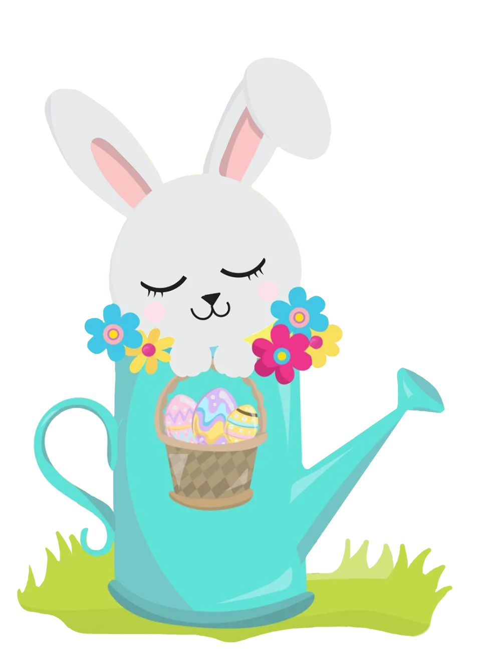 Adorable Easter Bunny Clipart Nestled in Teal Watering Can with Springtime Flowers