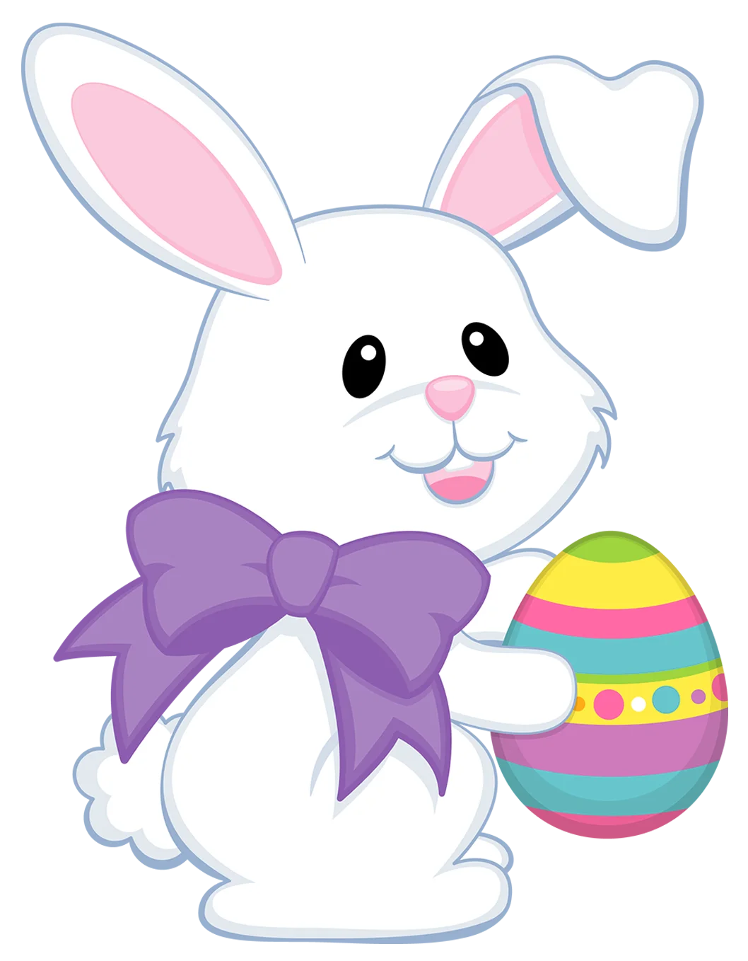 Adorable Easter Bunny Clipart with Colorful Striped Egg and Purple Bow