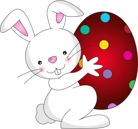 Adorable Easter Bunny Hugging Colorful Polka Dot Egg Clipart Illustration