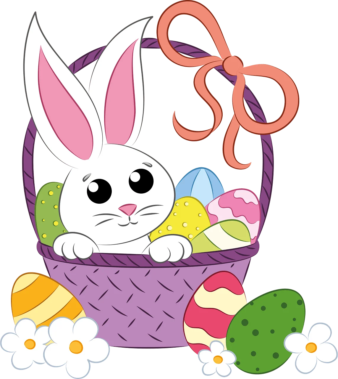 Adorable Easter Bunny in Pastel-Colored Egg Basket Festive Seasonal Clipart Illustration