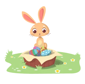 Adorable Easter Bunny Sitting with Colorful Eggs in a Whimsical Spring Meadow Clipart