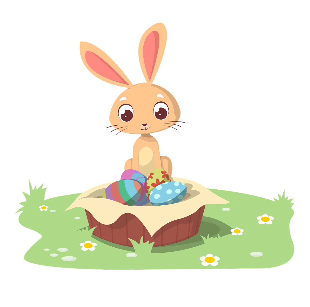 Adorable Easter Bunny Sitting with Colorful Eggs in a Whimsical Spring Meadow Clipart