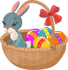 Adorable Easter Bunny with Colorful Decorated Eggs in Woven Basket Clipart Design