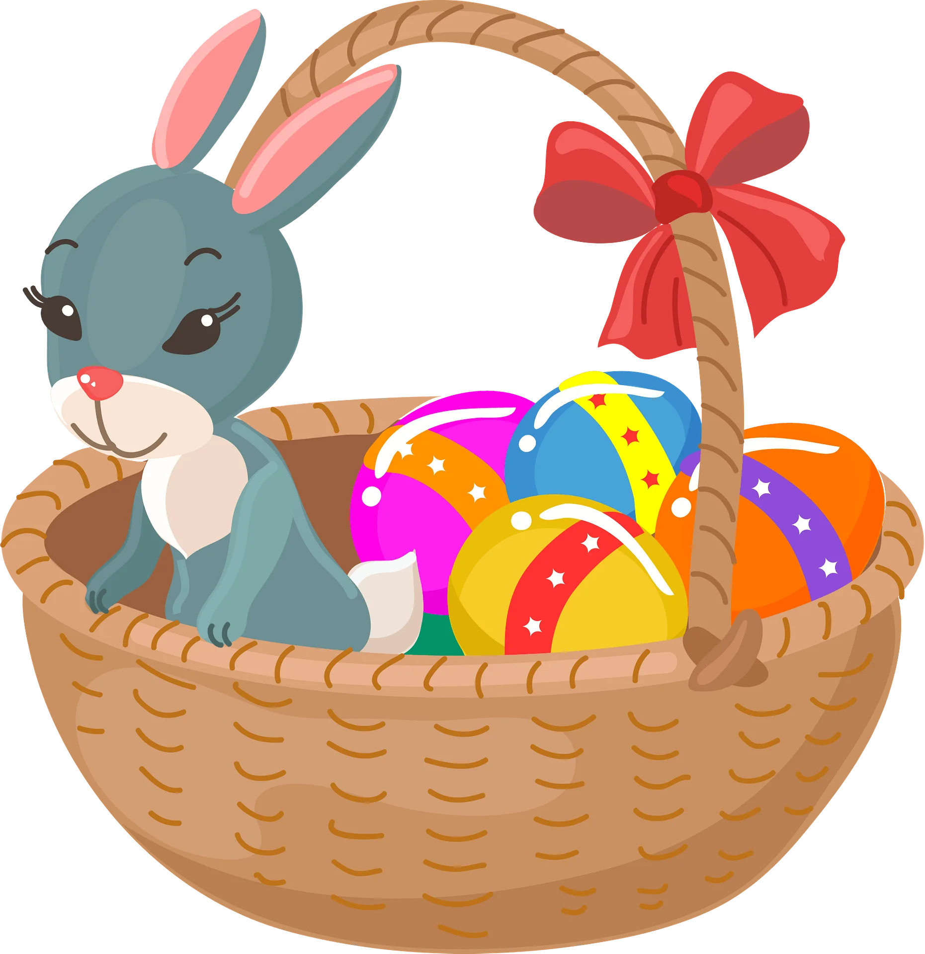 Adorable Easter Bunny with Colorful Decorated Eggs in Woven Basket Clipart Design