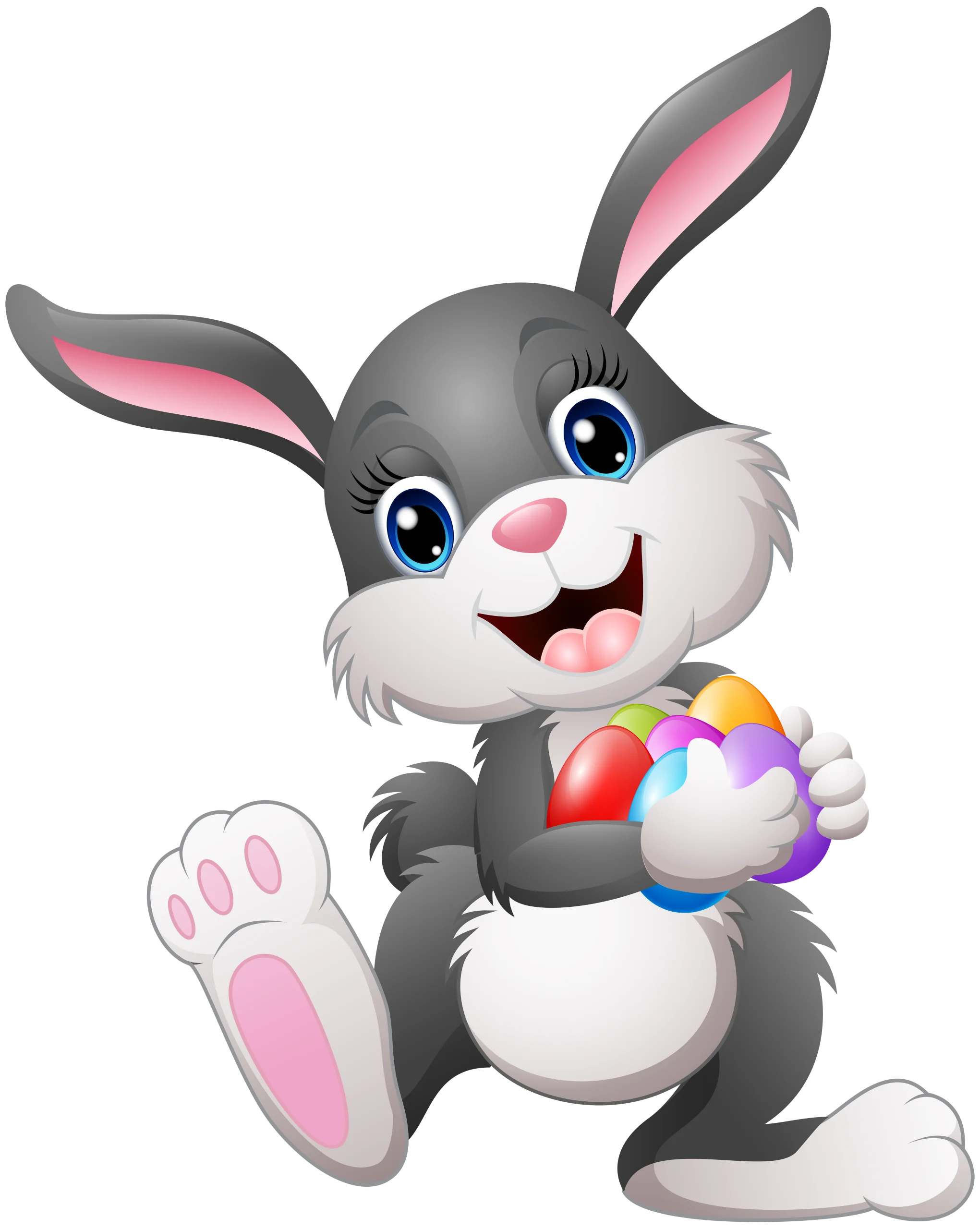 Adorable Gray Easter Bunny Holding Colorful Easter Eggs Festive Cartoon Clipart