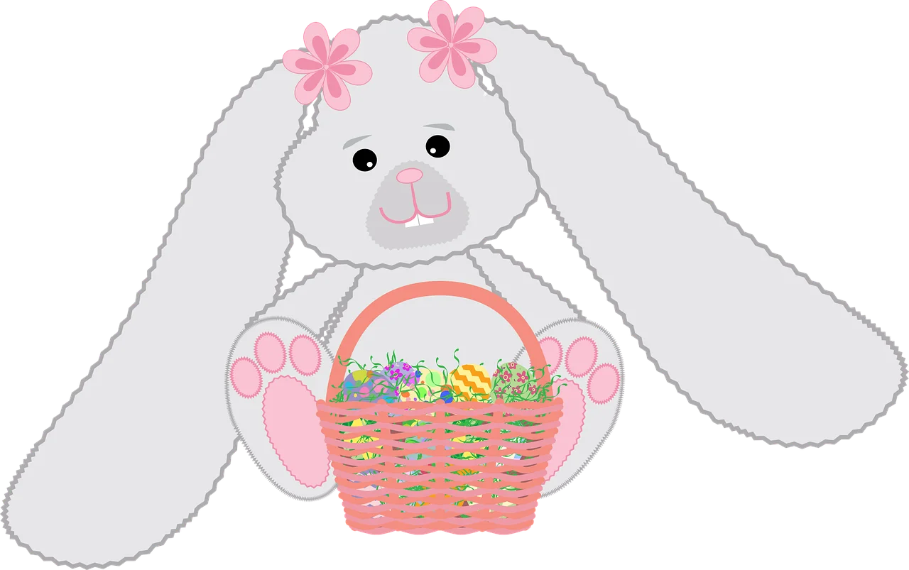 Adorable Soft Gray Easter Bunny Holding Colorful Egg Basket Springtime Clipart Illustration