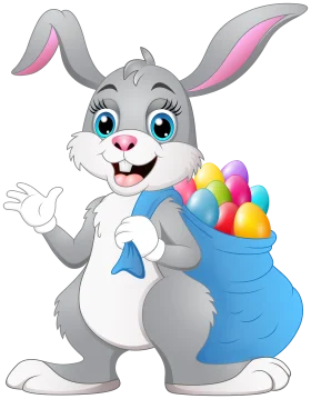 Cheerful Easter Bunny Clipart Carrying Colorful Egg-Filled Blue Sack