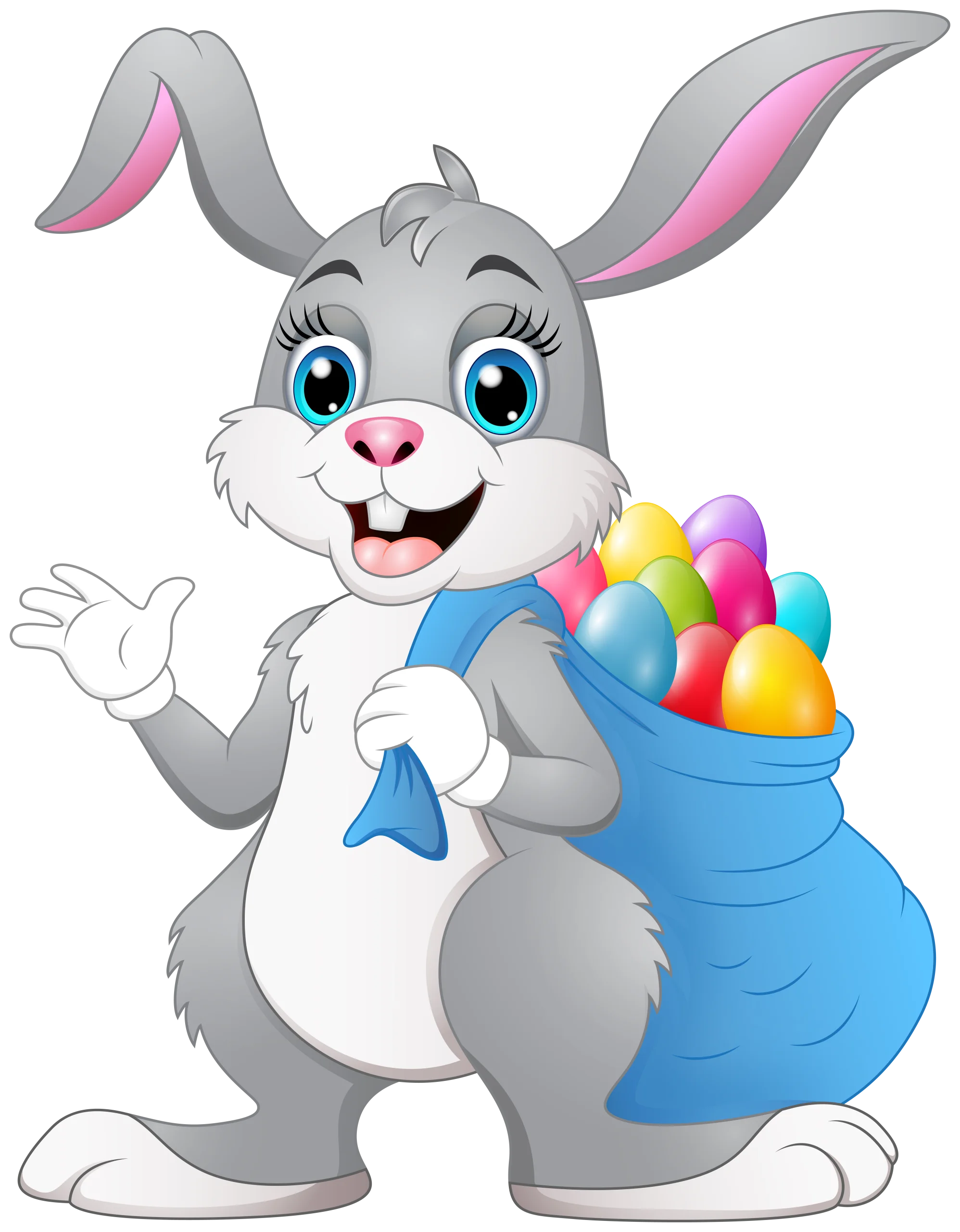 Cheerful Easter Bunny Clipart Carrying Colorful Egg-Filled Blue Sack