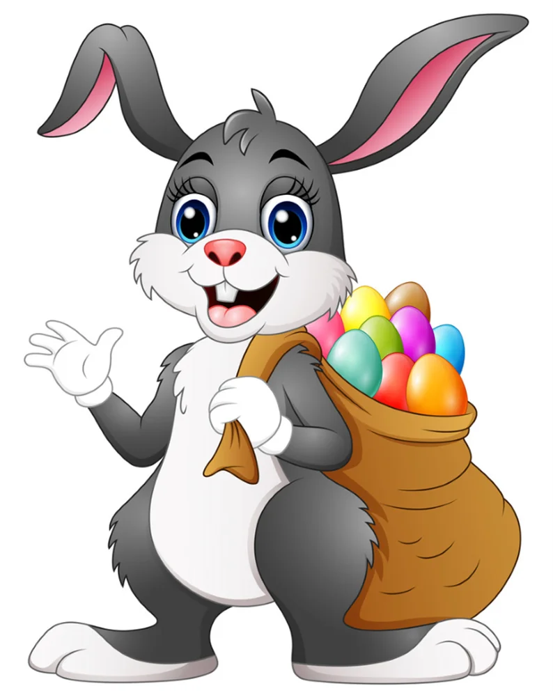 Cheerful Easter Bunny Clipart Carrying Colorful Eggs in Burlap Sack