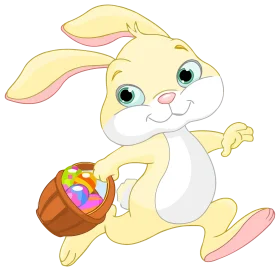Cheerful Easter Bunny Clipart Hopping with Colorful Egg Basket in Playful Style