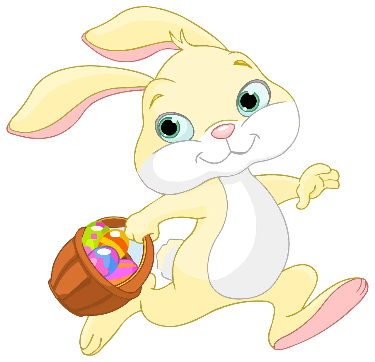 Cheerful Easter Bunny Clipart Hopping with Colorful Egg Basket in Playful Style