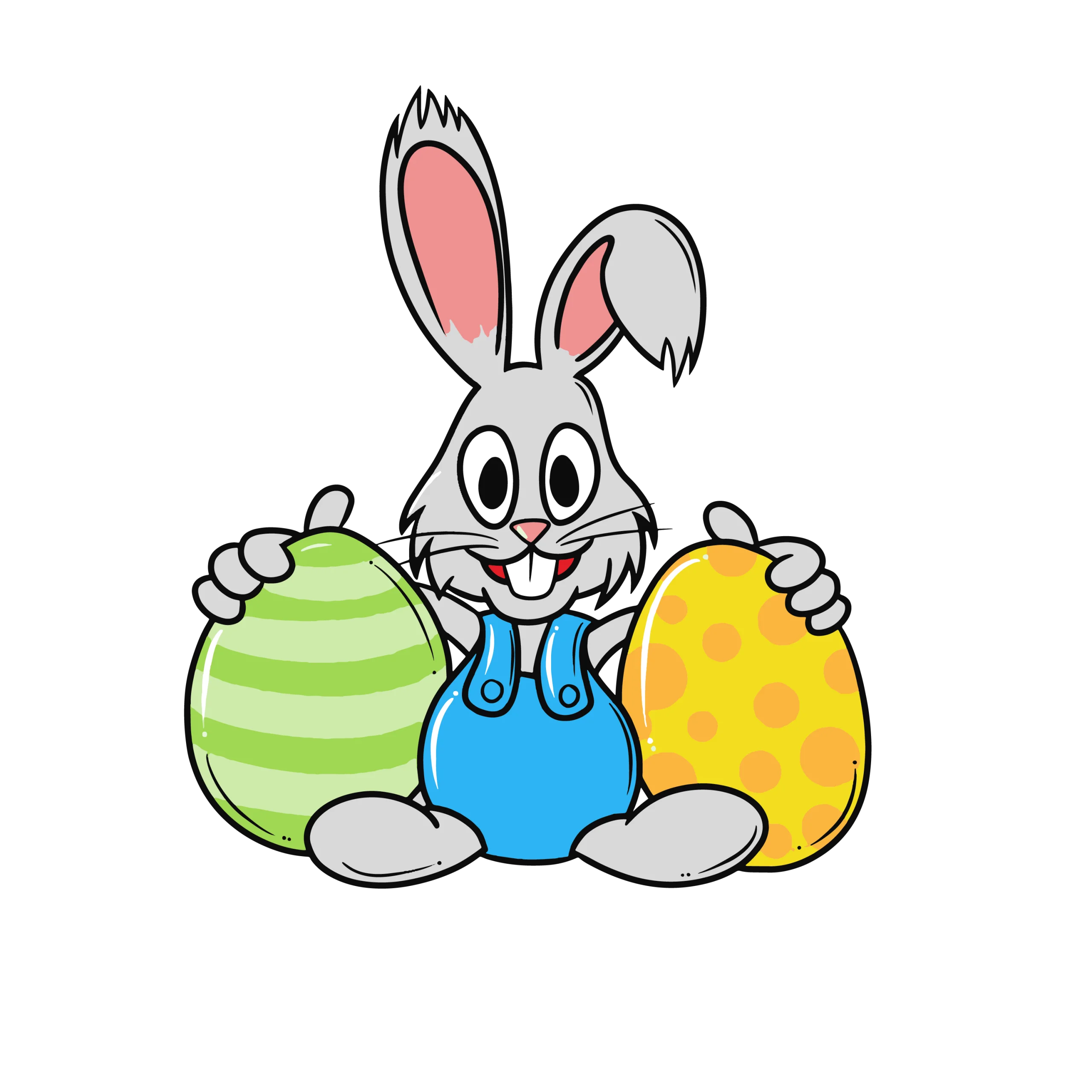 Cheerful Easter Bunny Clipart with Colorful Striped and Polka Dot Eggs