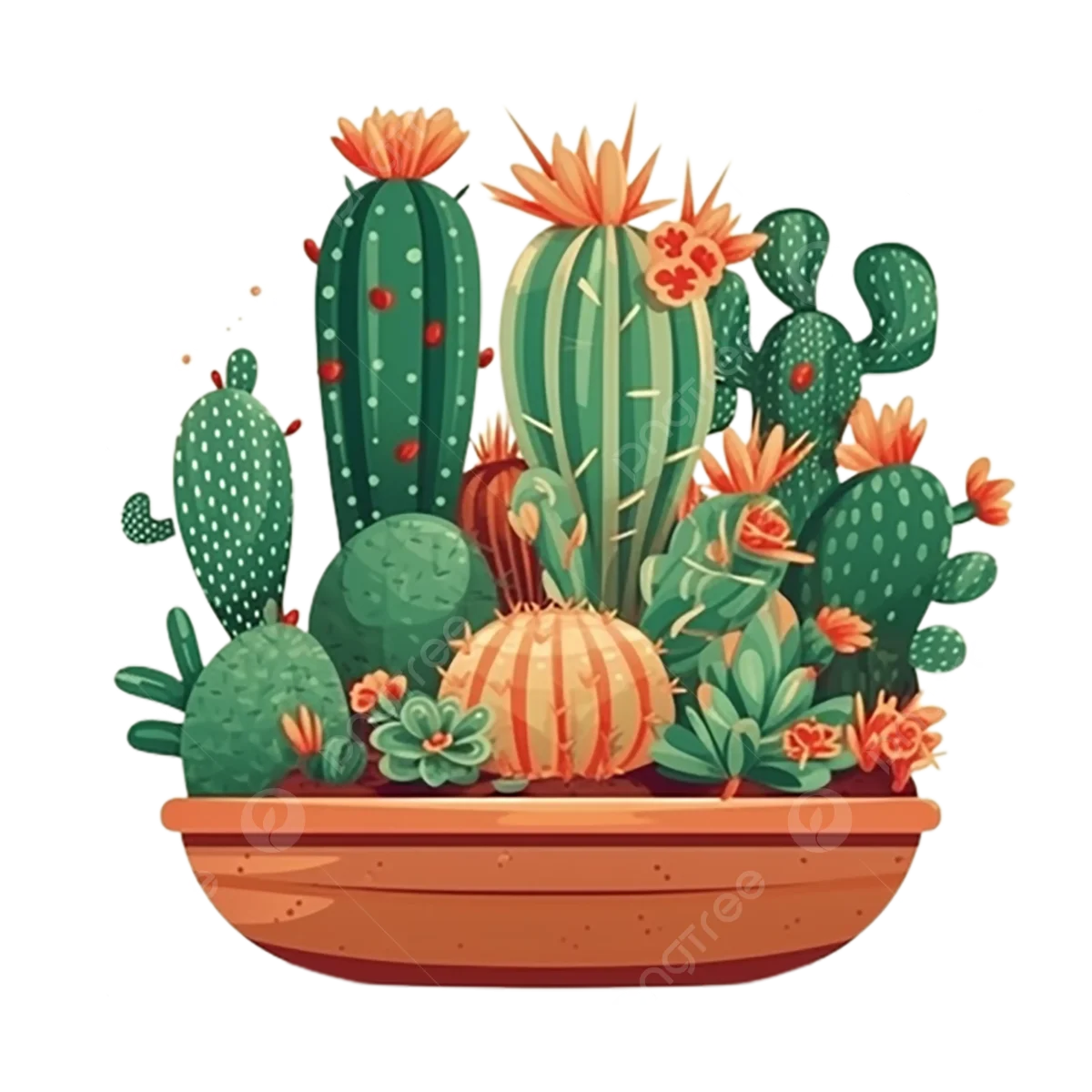 Desert Harmony: Botanical Clipart Featuring Lush Cacti and Blossoming Succulents in Terracotta
