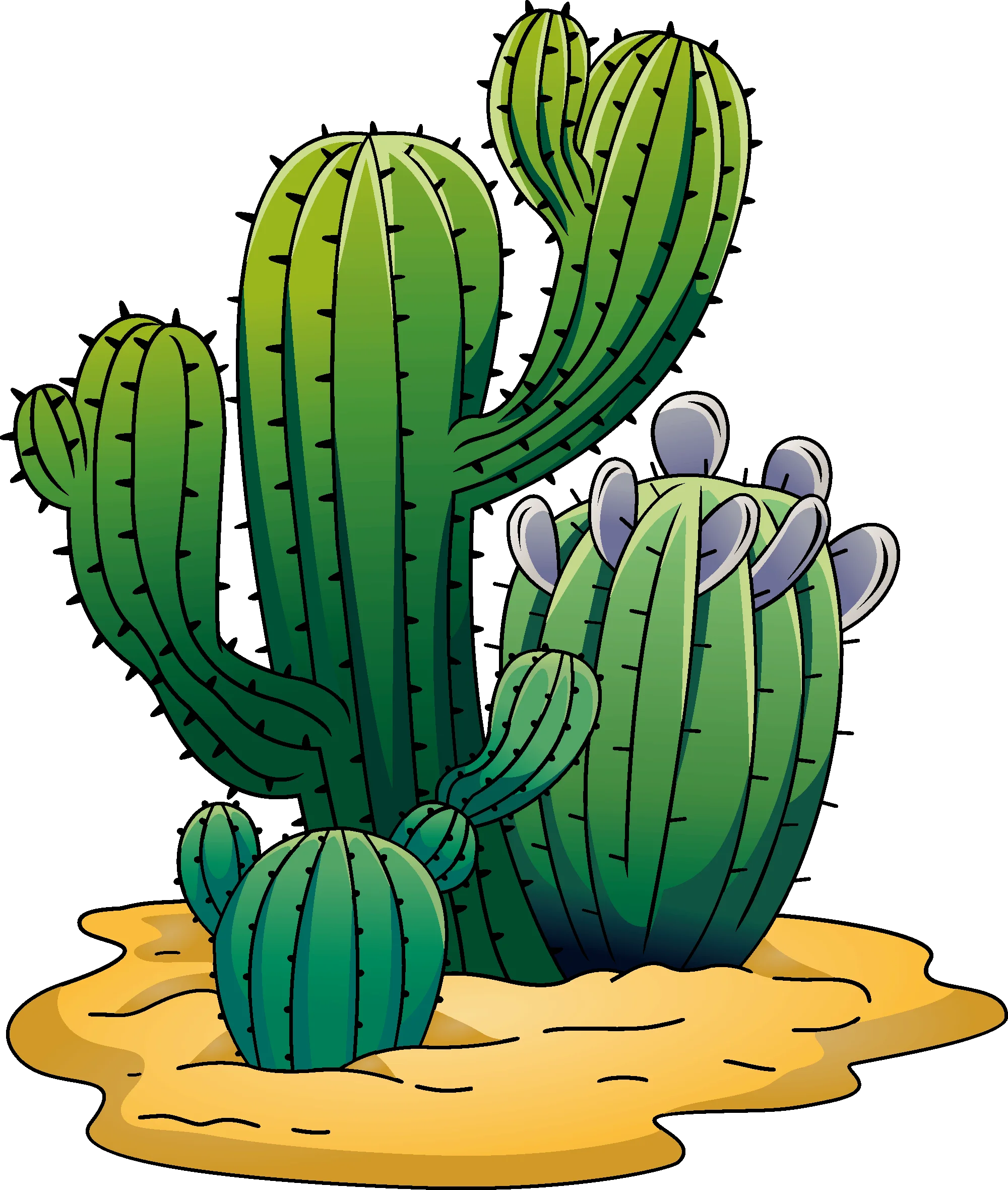 Desert Sentinels: Charming Green Cacti Clipart Landscape Illustration