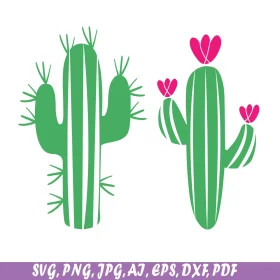 Whimsical Green Cactus Clipart with Pink Heart-Shaped Blooms for Creative Design