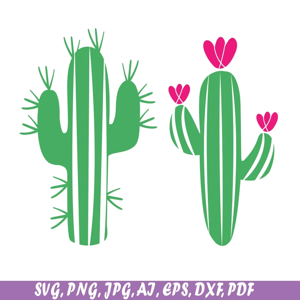 Whimsical Green Cactus Clipart with Pink Heart-Shaped Blooms for Creative Design
