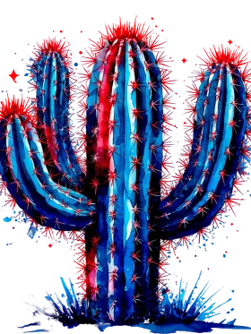 Desert Sentinel Saguaro Cactus Clipart: Electrifying Blue and Red Botanical Illustration