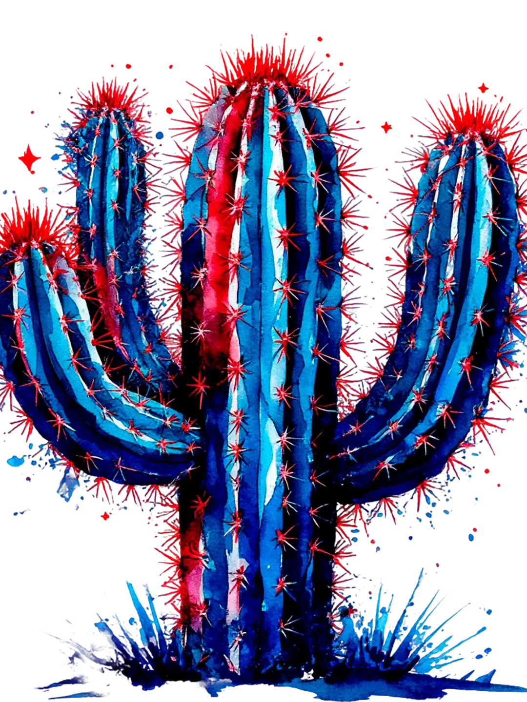 Desert Sentinel Saguaro Cactus Clipart: Electrifying Blue and Red Botanical Illustration