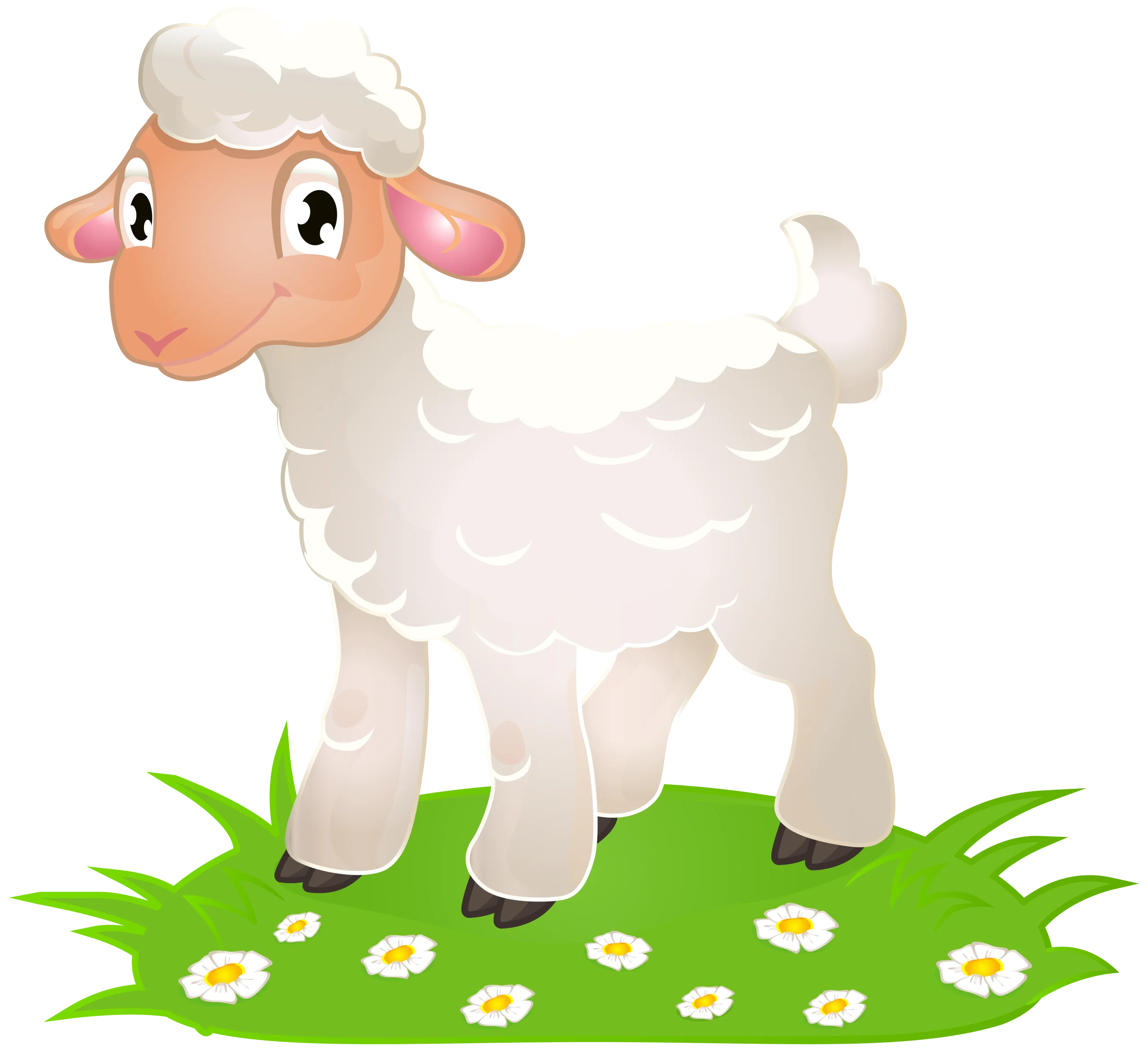 Adorable Baby Lamb Standing on Grassy Field with Daisies - Cute Sheep Clipart