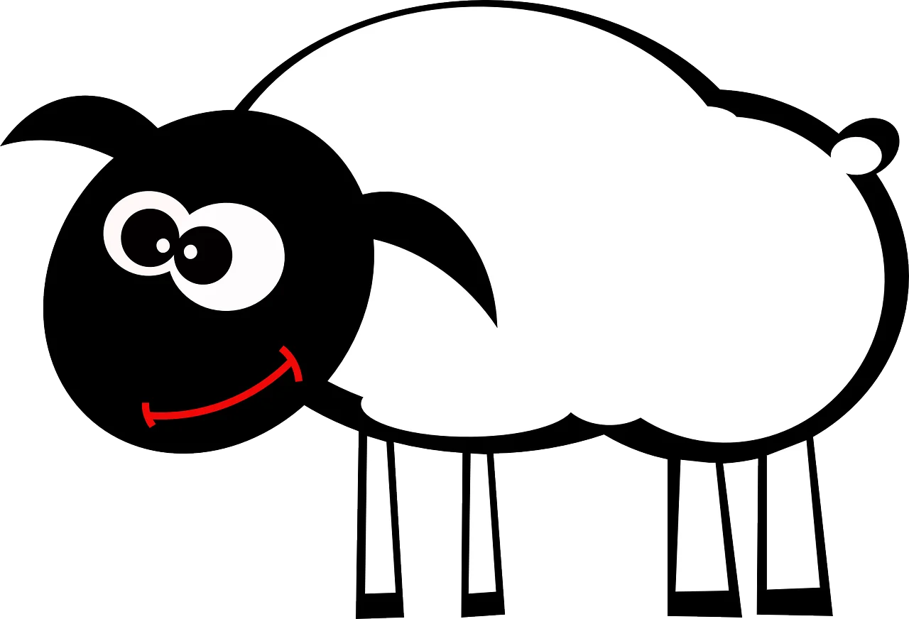 Adorable Black and White Cartoon Sheep Clipart with Playful Expression