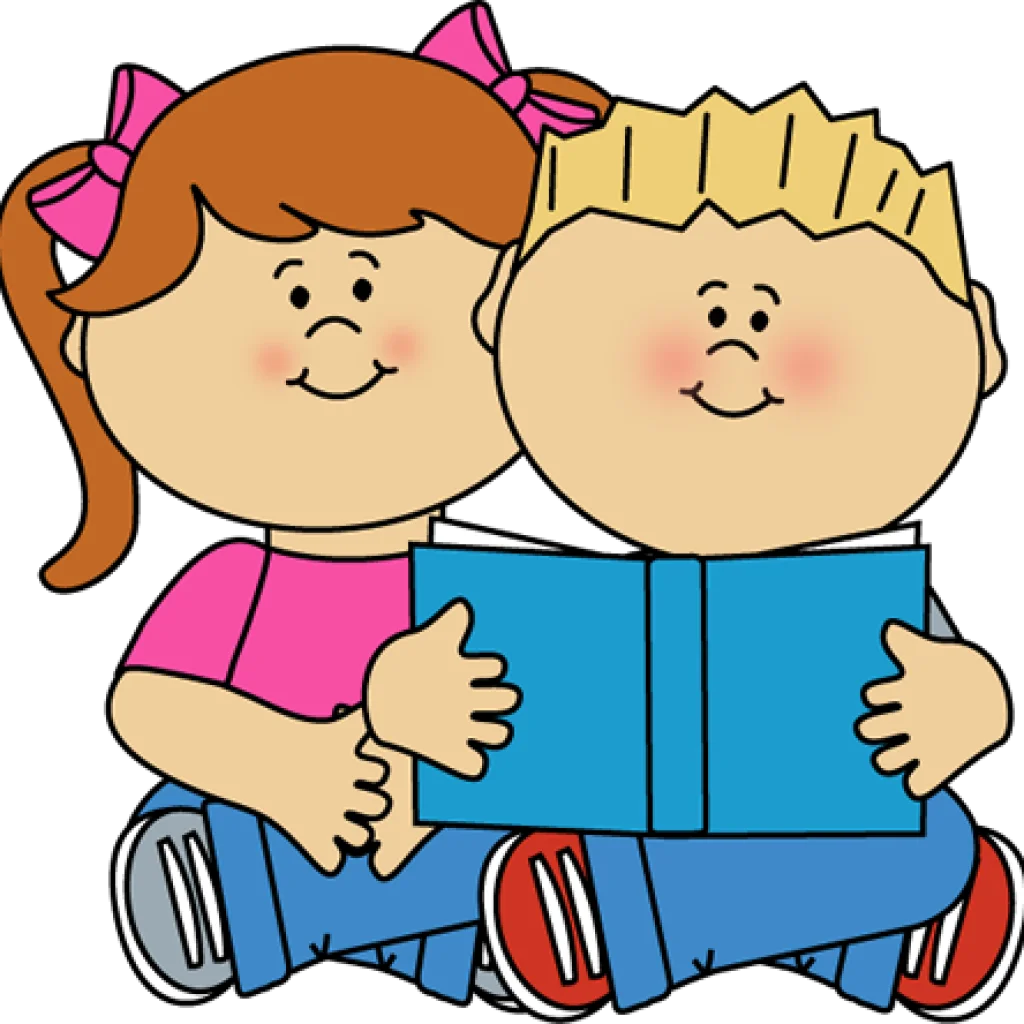 Cheerful Children's Animation Clipart Showcasing Friendship and Reading Together