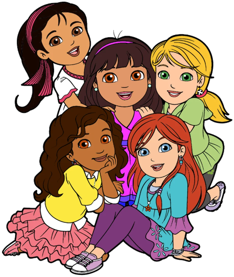 Cheerful Diverse Girl Friends Cartoon Animation Group Portrait Illustration