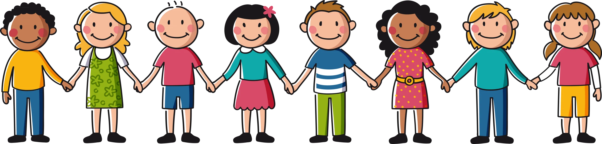 Diverse Group of Playful Children Holding Hands - Cheerful Animation Illustration