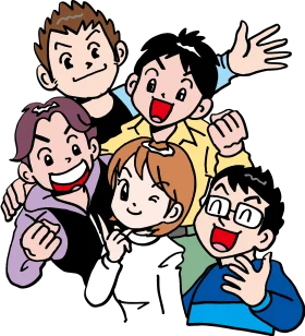Dynamic Group of Friends in Cheerful Cartoon Animation Style Illustration