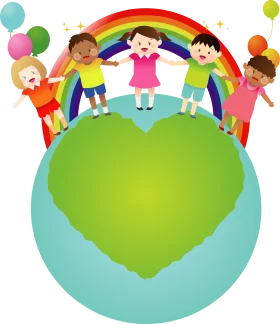 Harmony and Friendship: Colorful Children Dancing Around Rainbow Animation