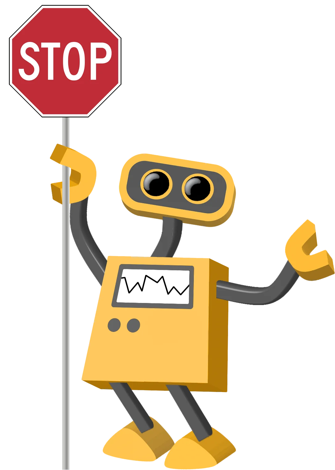 Playful Yellow Robot Holding Red Stop Sign Cartoon Clipart Illustration