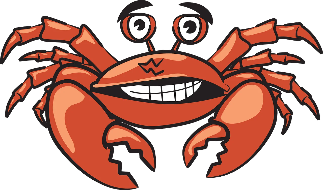 Quirky Red Cartoon Crab Clipart with Exaggerated Grin and Googly Eyes