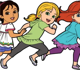 Three Cheerful Friends Running Together in Playful Animation Style Illustration