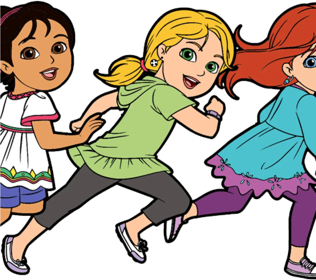 Three Cheerful Friends Running Together in Playful Animation Style Illustration