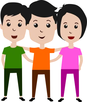 Three Cheerful Friends Standing Together in Colorful Animation Style Illustration