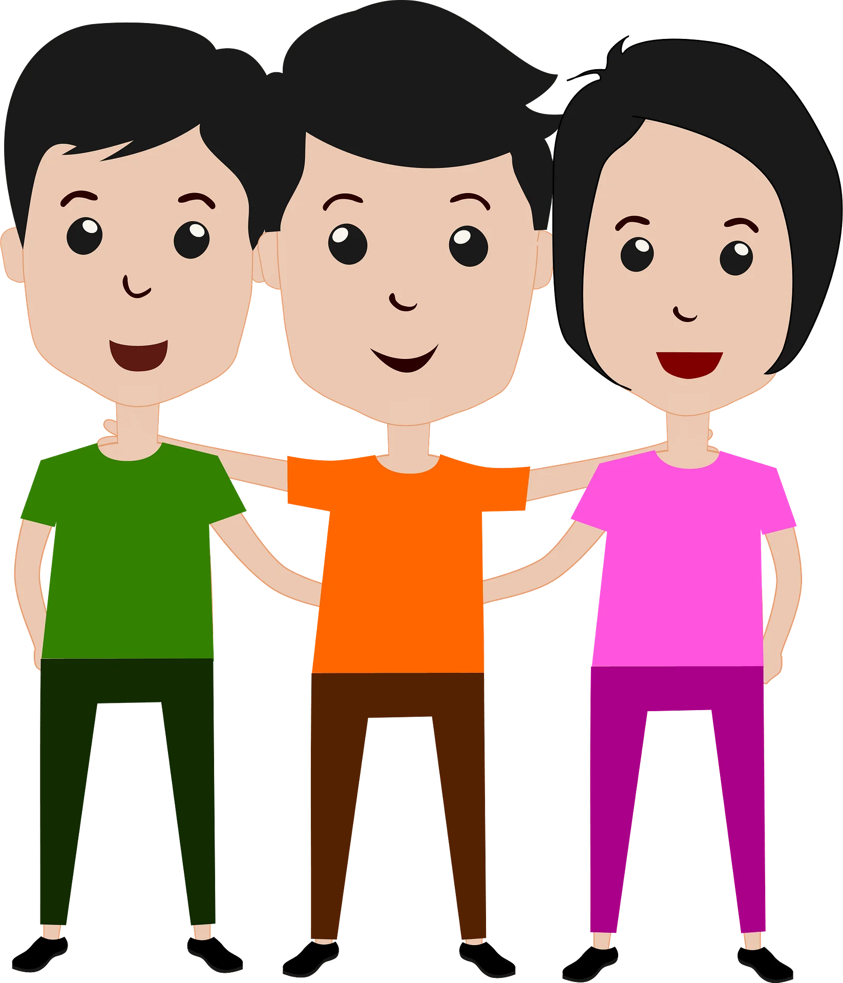 Three Cheerful Friends Standing Together in Colorful Animation Style Illustration
