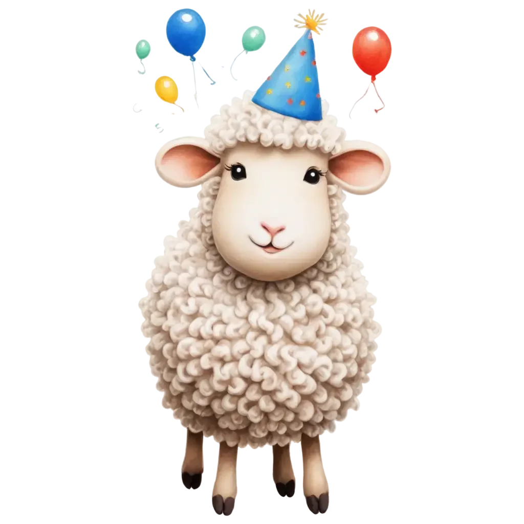 Whimsical Birthday Celebration Sheep Clipart with Colorful Party Balloons