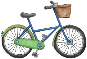 Charming Blue and Green Bicycle Clipart with Rustic Woven Basket Illustration