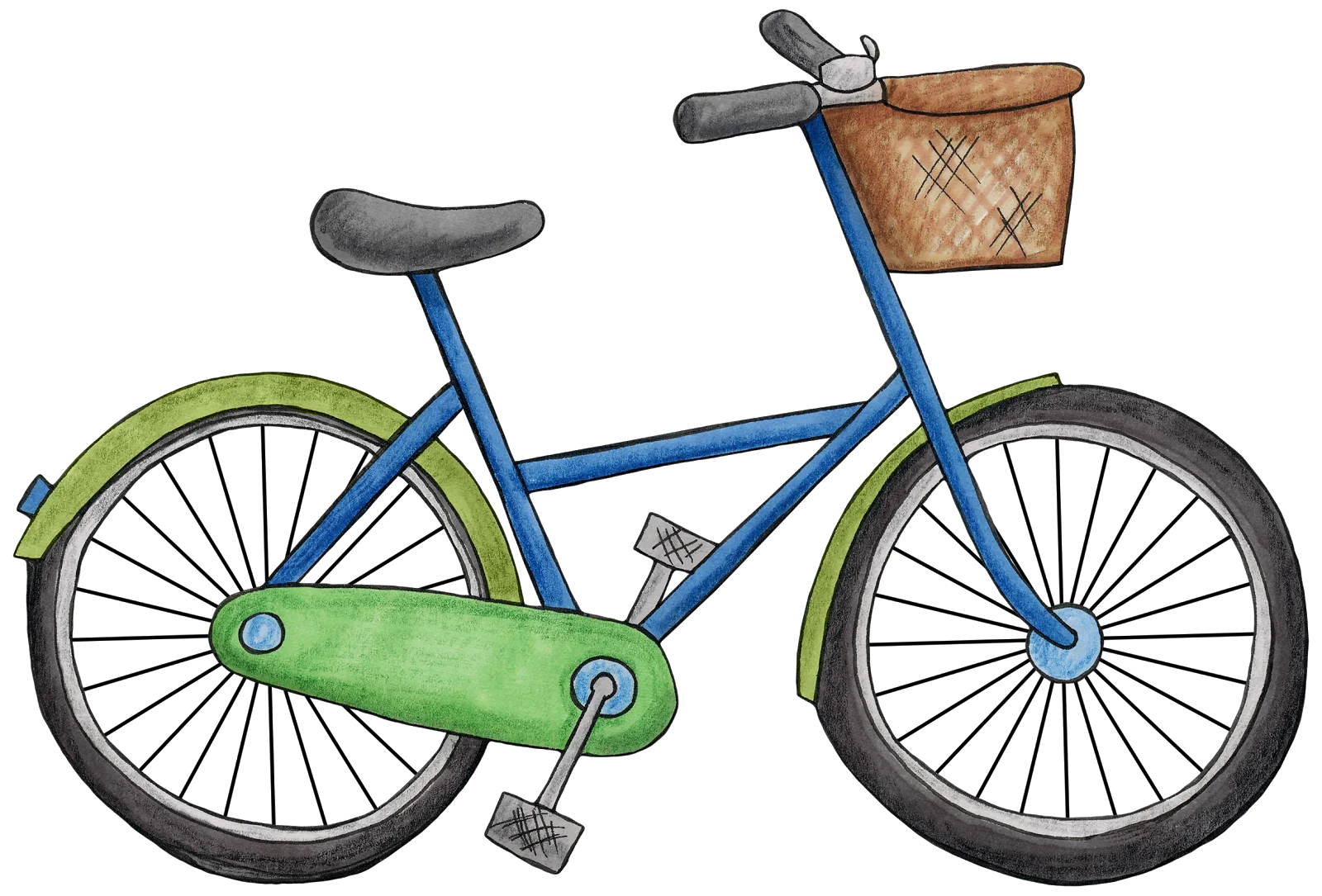 Charming Blue and Green Bicycle Clipart with Rustic Woven Basket Illustration