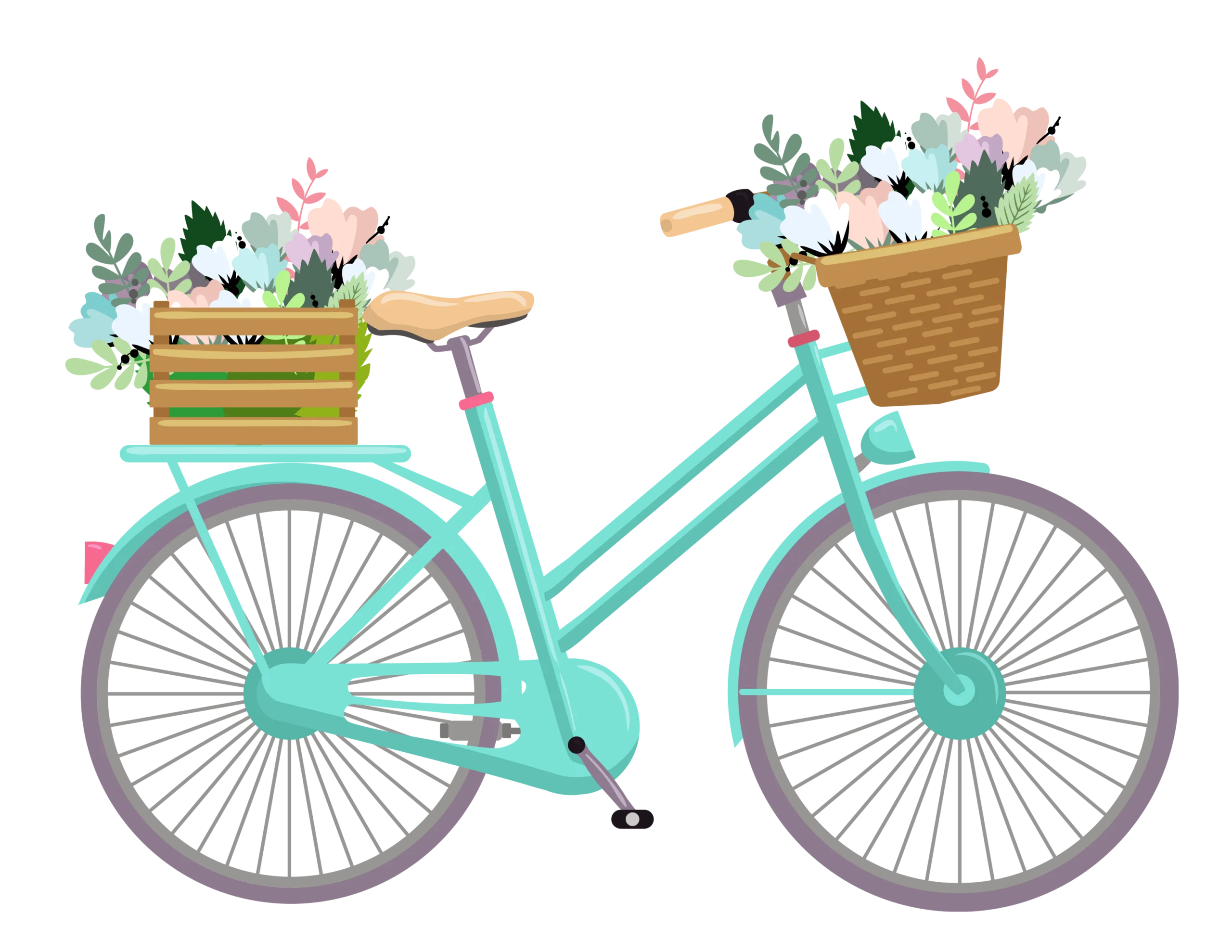 Charming Turquoise Vintage Bicycle Clipart with Floral Basket Decorations
