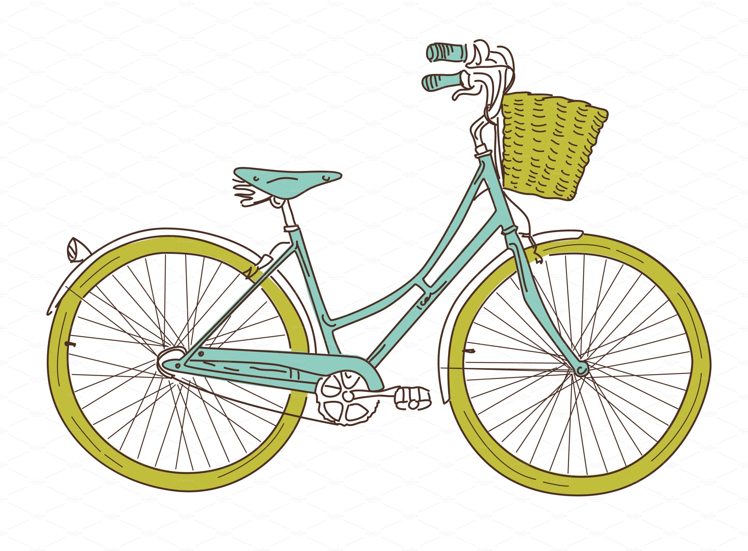 Charming Vintage-Inspired Bicycle Clipart with Woven Basket and Soft Color Palette