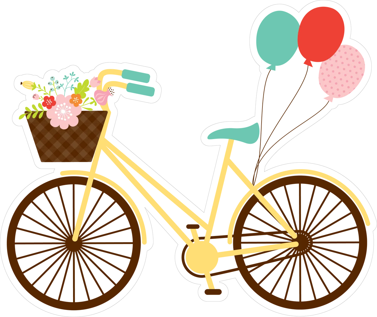 Charming Vintage-Inspired Yellow Bicycle Clipart with Floral Basket and Balloons